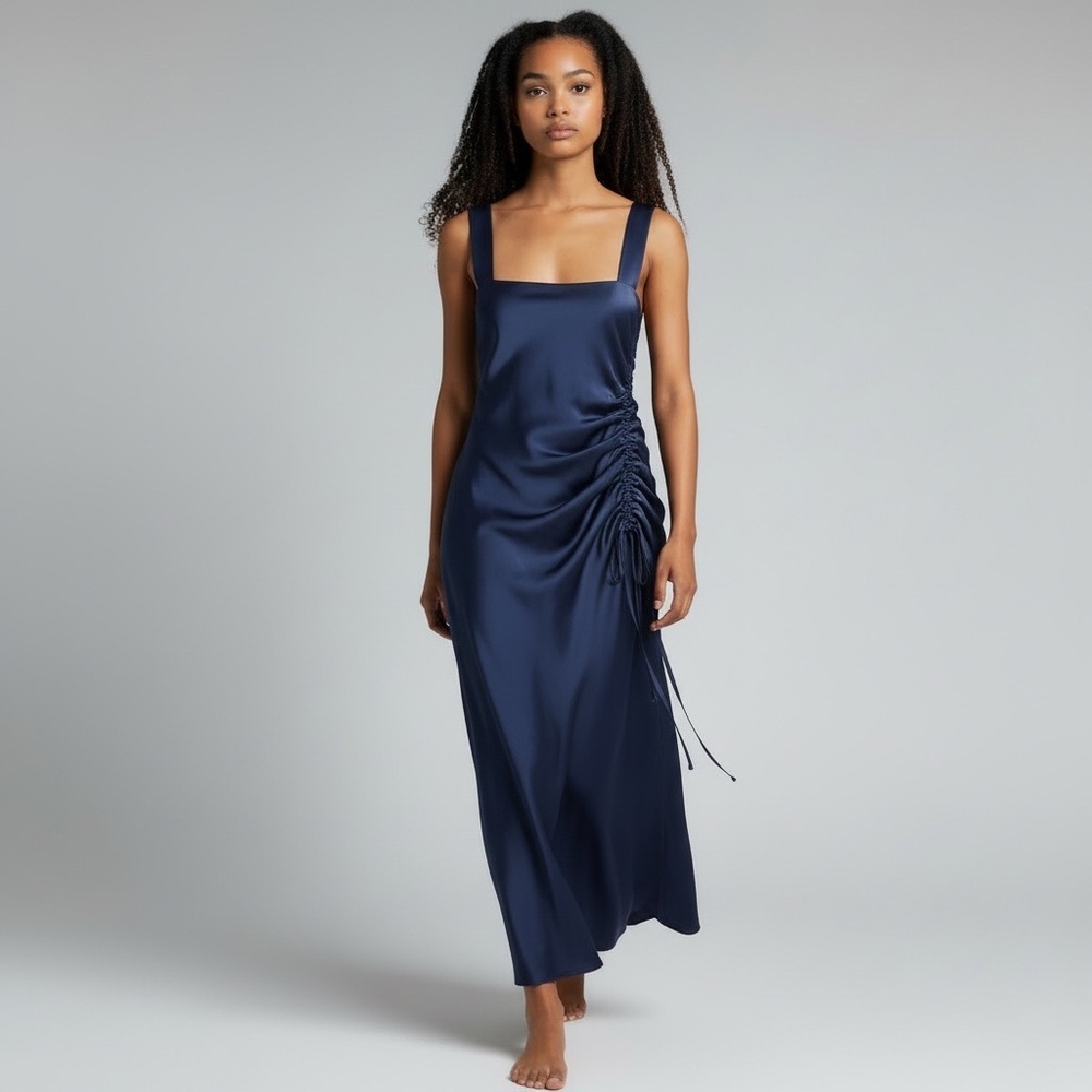 Taylor Navy Satin Ruched-Side Slip Dress